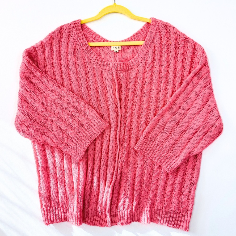 POL Coral Rose Open Cable Knit Oversized Sweater Medium Coquette Cottagecore